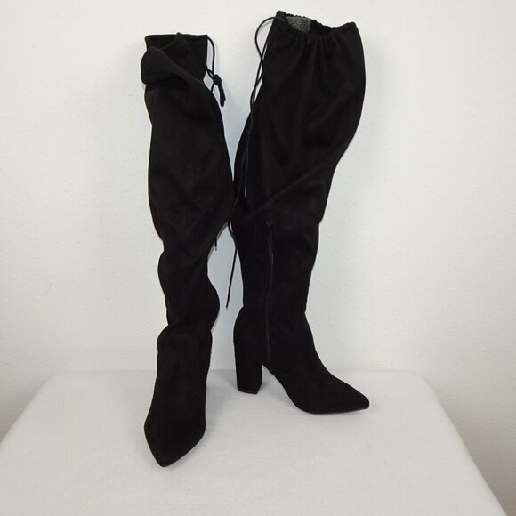 JustFab Aubriana Boots Over The Knee Heeled Suede Women's Size 8 Black Vegan - Picture 4 of 13